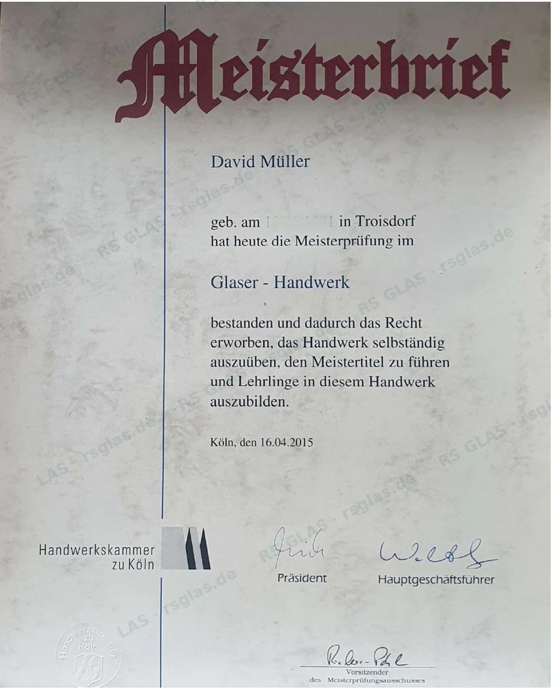 Meisterbrief im Glaser-Handwerk, David Müller, Handwerkskammer zu Köln, 2015