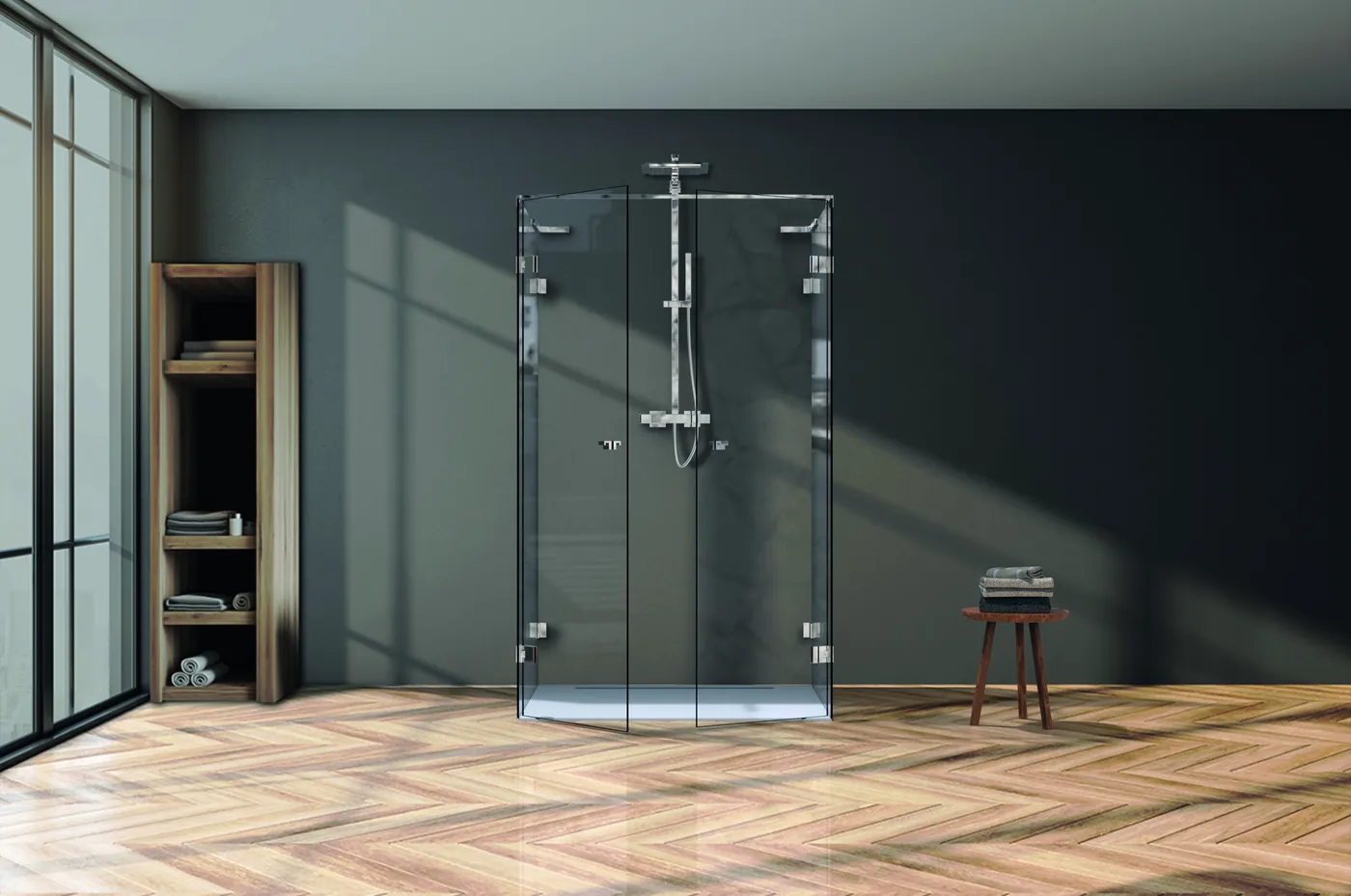 Glasdusche in U-Form mit Beschlagserie Flamea plus