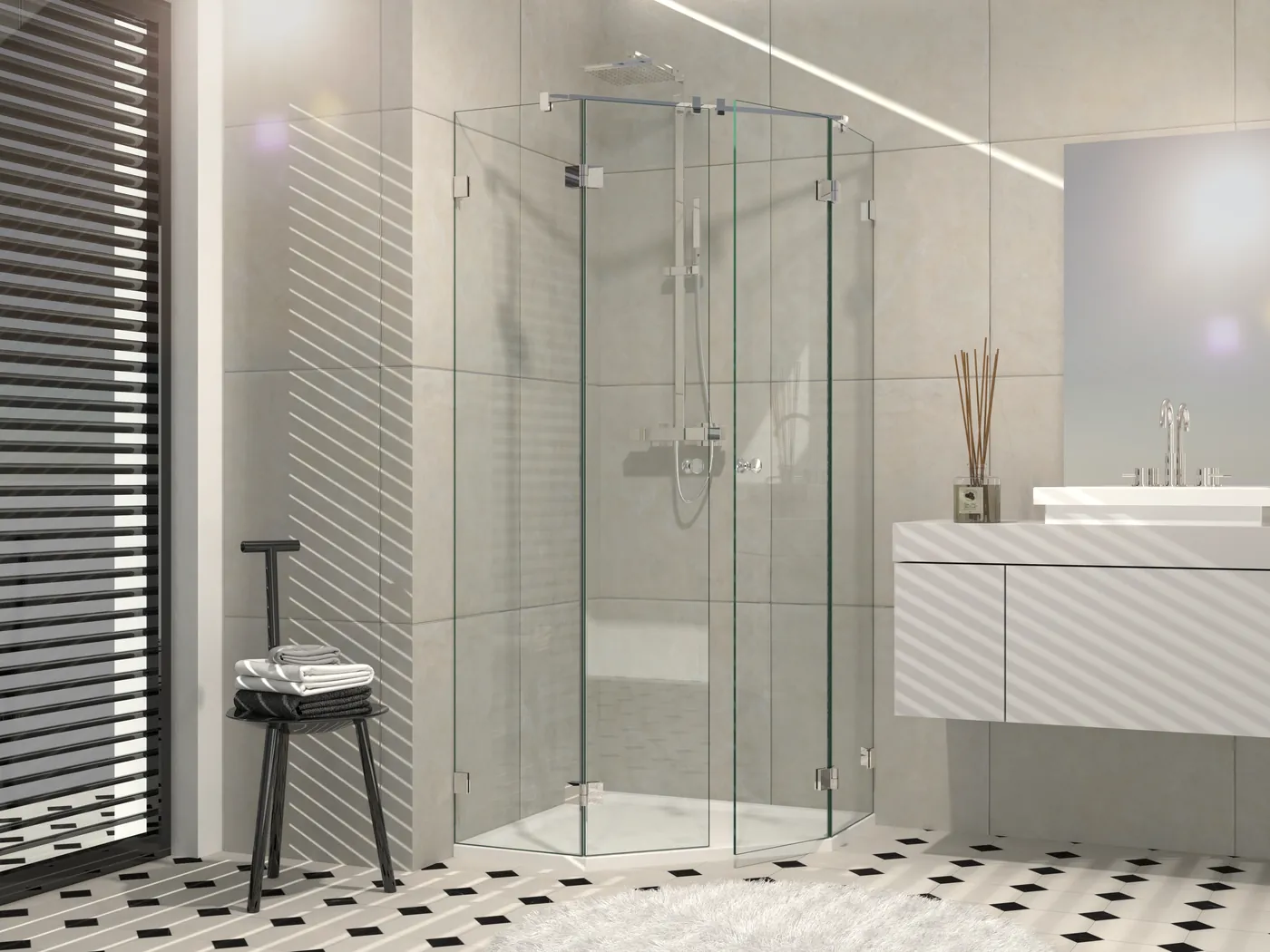 Fünfeckdusche mit Beschlagserie Nivello
