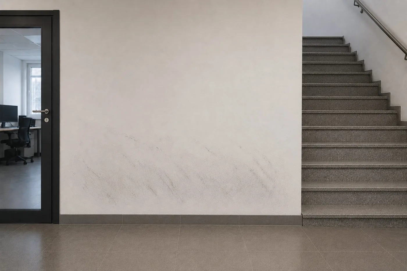 Abgegriffene, verschmutzte Wand im Flur eines Bürogebäudes, Einsatzort für Glas-Wandschutz