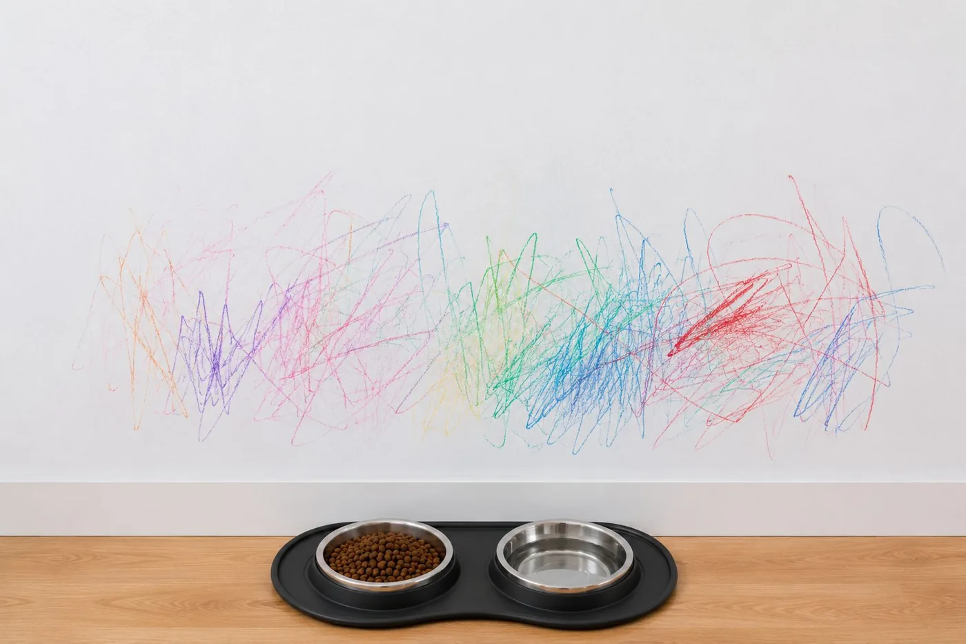 Wand mit Buntstift-Kritzeleien über einem Hunde-Futterplatz, typischer Fall für Glas-Wandschutz